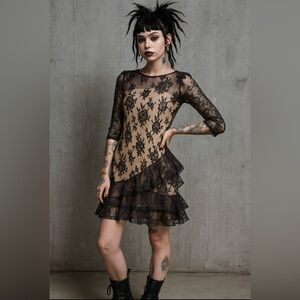 Victor Costa Black Lace Long Sleeve Tiered Mini Dress over Nude Slip